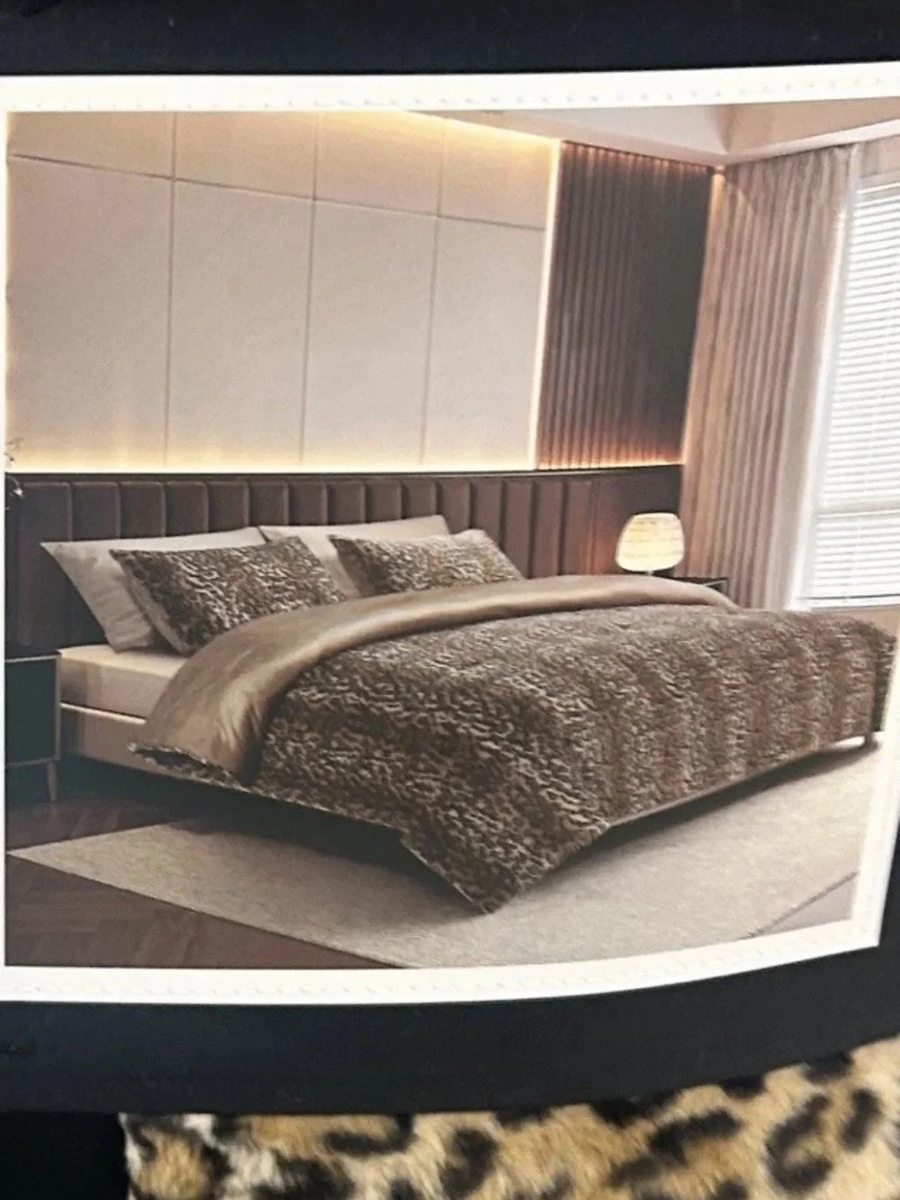 Magaschoni Luxury Leopard Brown and Black Faux Fur King Comforter Set 104”x90”